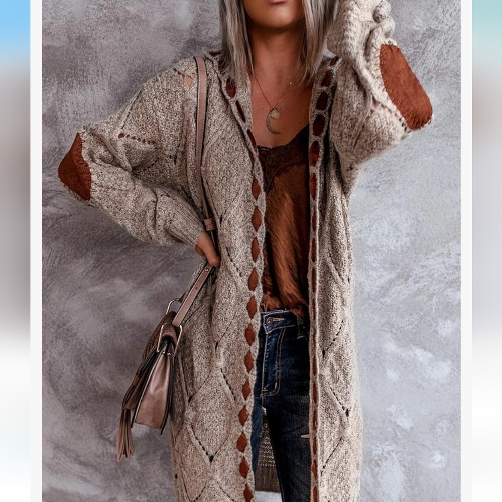 Women Long Cardigan Sweater Jacket Hooded Open Front Cable Knit Sweaters Coat